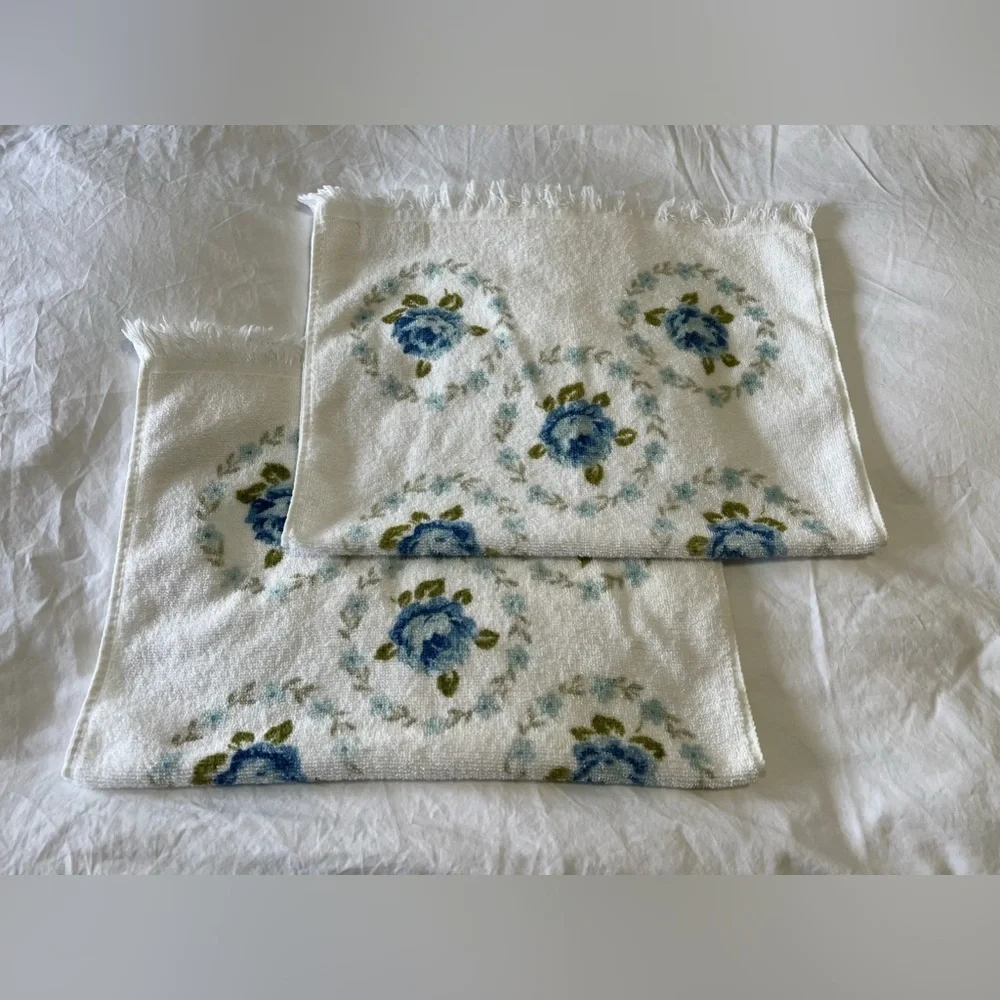 Vintage Lot Of 2 Cannon Royal Family | Blue Roses Fringe | Hand Towels